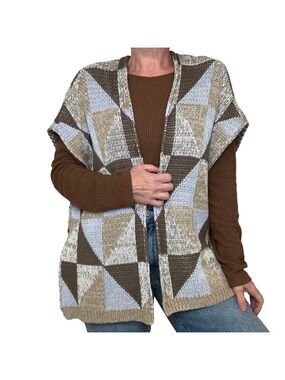 VINTAGE Women's Sleeveless Cardigan Sweater Vest O/S Tan Beige Periwinkle